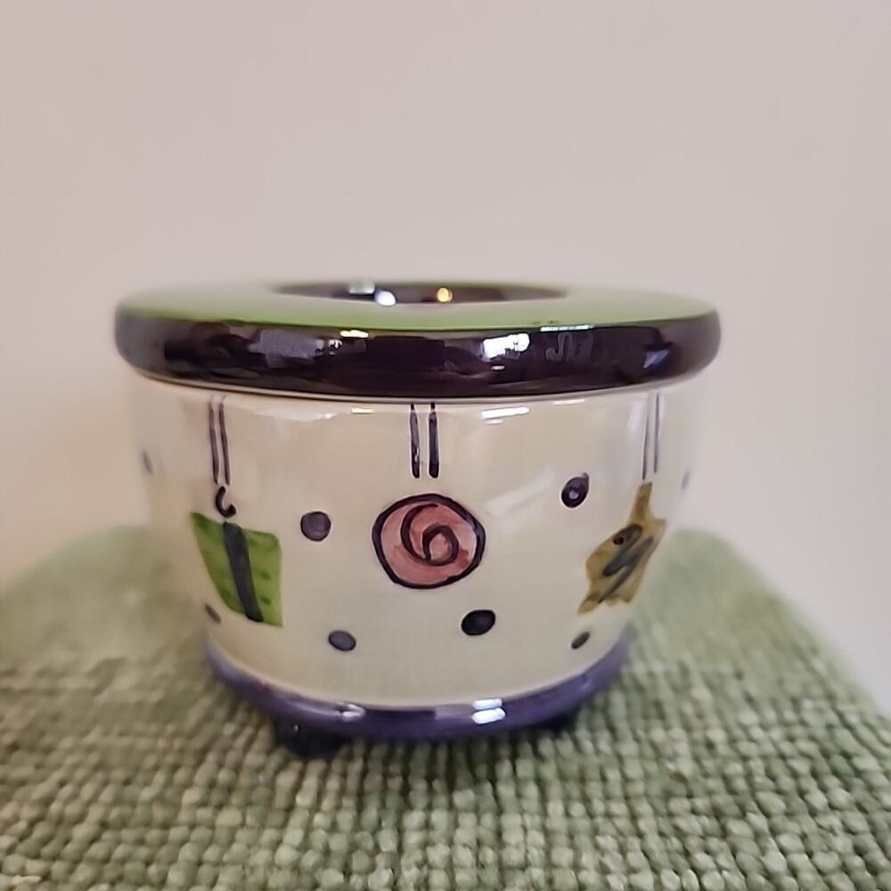 Vtg GAC Purple/green Ceramic Candy Dish With Lid. Footed See Thru Glass Lid 3.5"